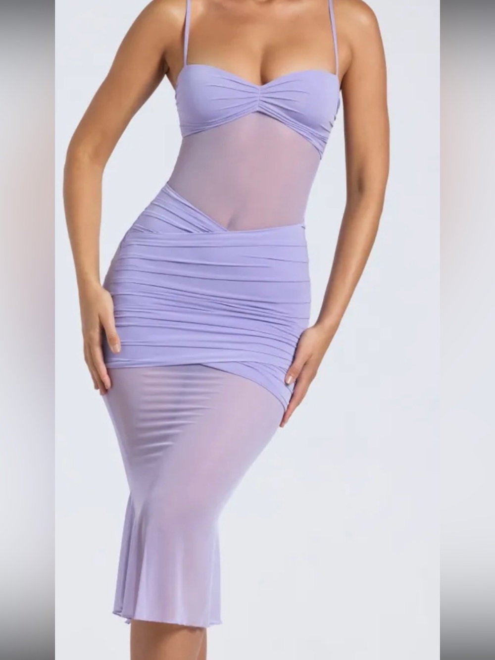 Oh Polly Lavender Ruched Mesh Midi Dress
